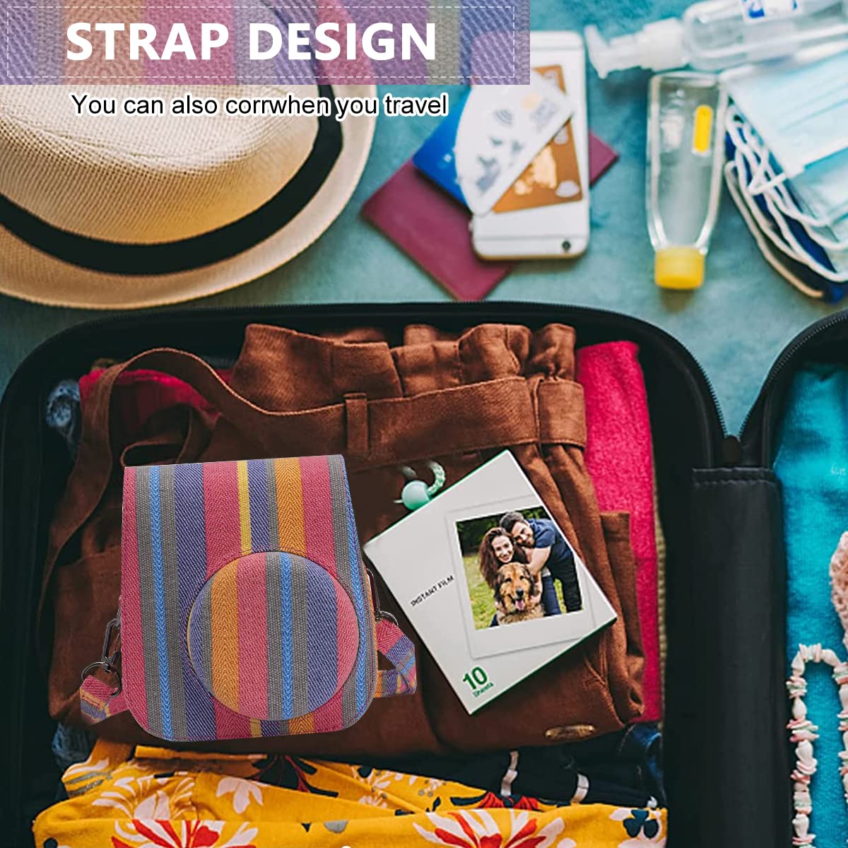 ZORBES® Instax Mini 11 Case Cover, Protective Camera Case for Fujifilm Instax Mini 11, Color Striped Easy Install Bag with Removable Shoulder Strap & Top Cover for Intex Camera Mini 11 Mini 8 Mini 9