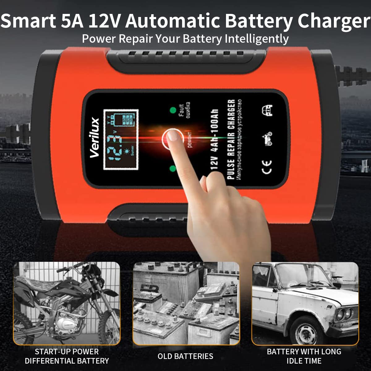 Verilux Battery Charger 5A 12V for Car and Motorcycle featuring LED Display | Pulse Repair