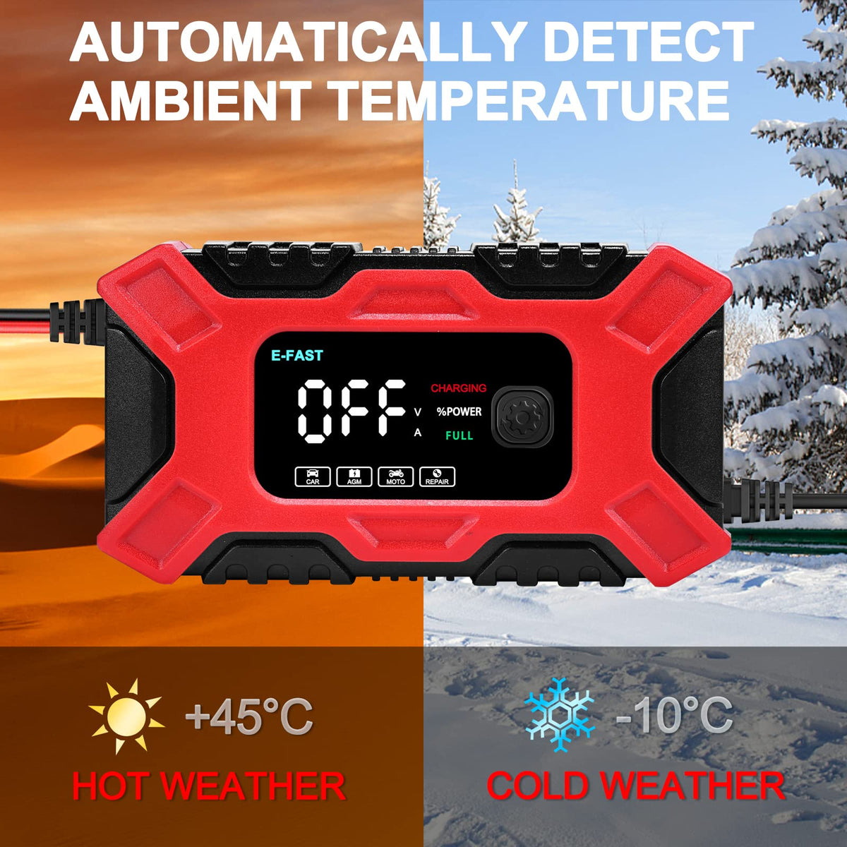 ZORBES® Red 6A 12V Fully Automatic Car Battery Charger & Maintainer,EU Plug Intelligent Trickle Charger with LCD Screen for Car,Motorcycle,Lawn Mower and More