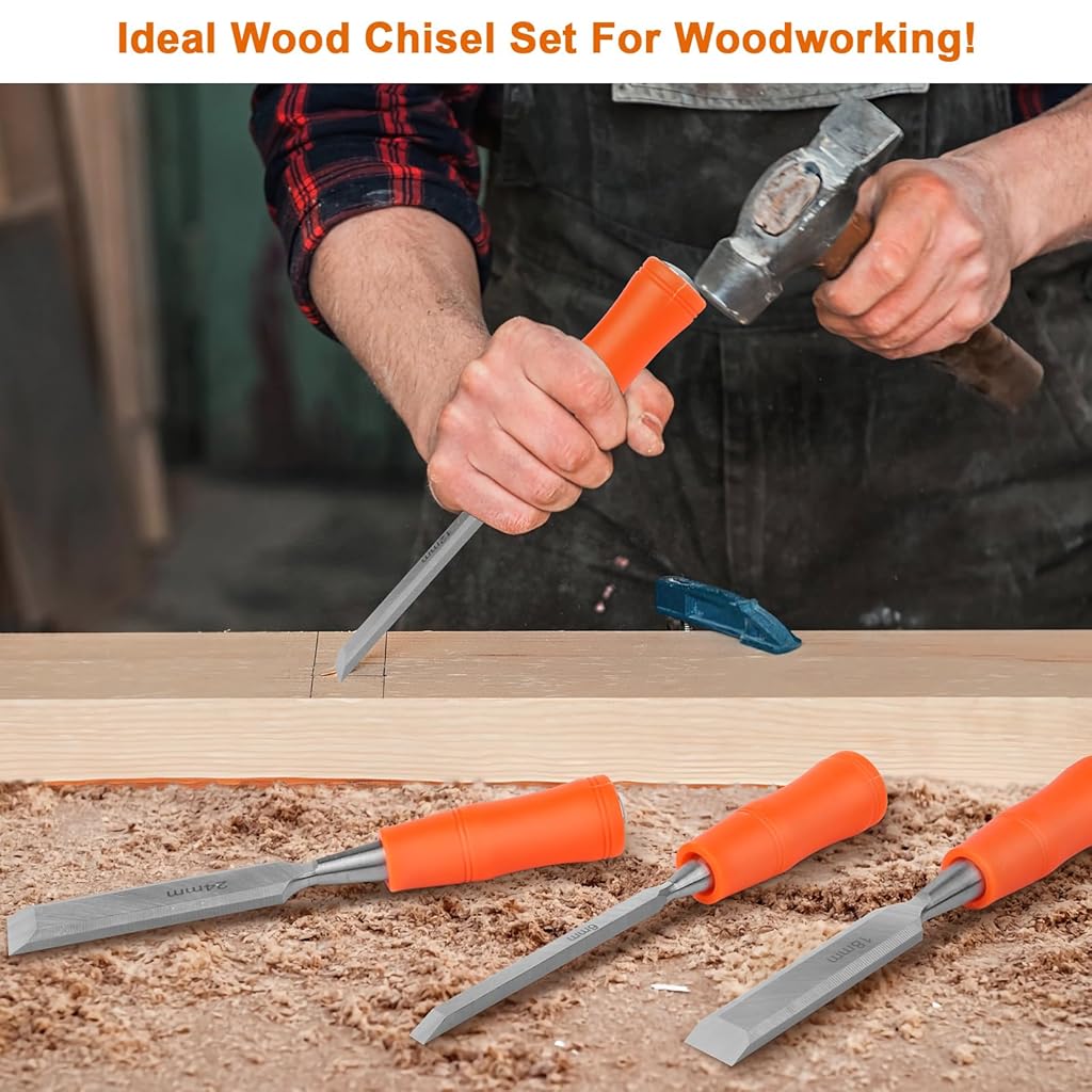 Serplex® 4PCS Woodwork Chisel Set Mortise Chisels Tools for Woodworking with Steel Hammer End Anti-slip Handle 6mm 12mm 18mm 24mm