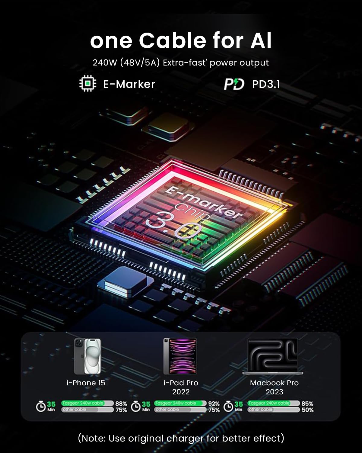 Verilux USB C to USB C Retractable Cable with 240W PD Fast Charge 3.3ft Length | Black