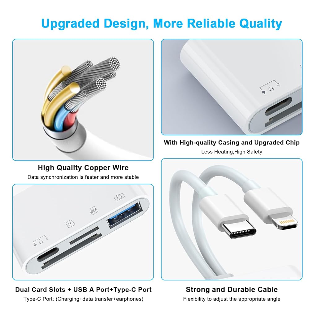 Verilux® Multi Card Reader for iPhone SD Card Reader 4 in 2 SD Card Reader USB C/Light-ning to SD/TF Card Flash Drive Reader Support Fast Charging for iOS Devices Portable Multi Card Reader