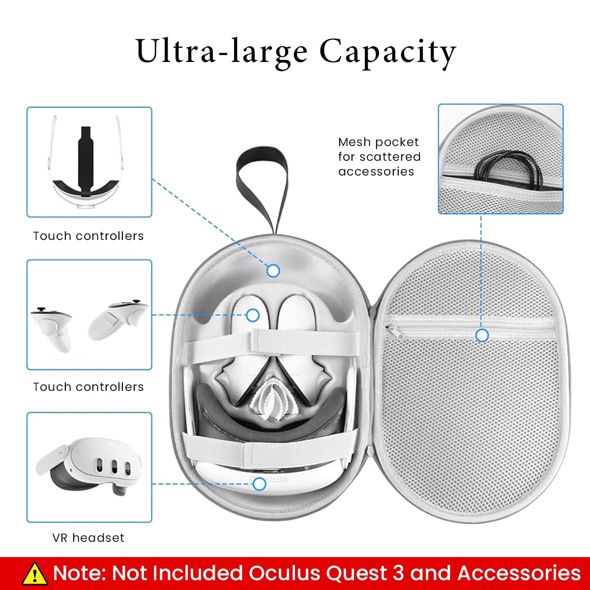 Verilux Carry Bag for Oculus Quest 3 featuring X Type Elastic Fix Straps and 34x16x20cm Size | Travel Storage Case with Hand Strap and USB Charging Port