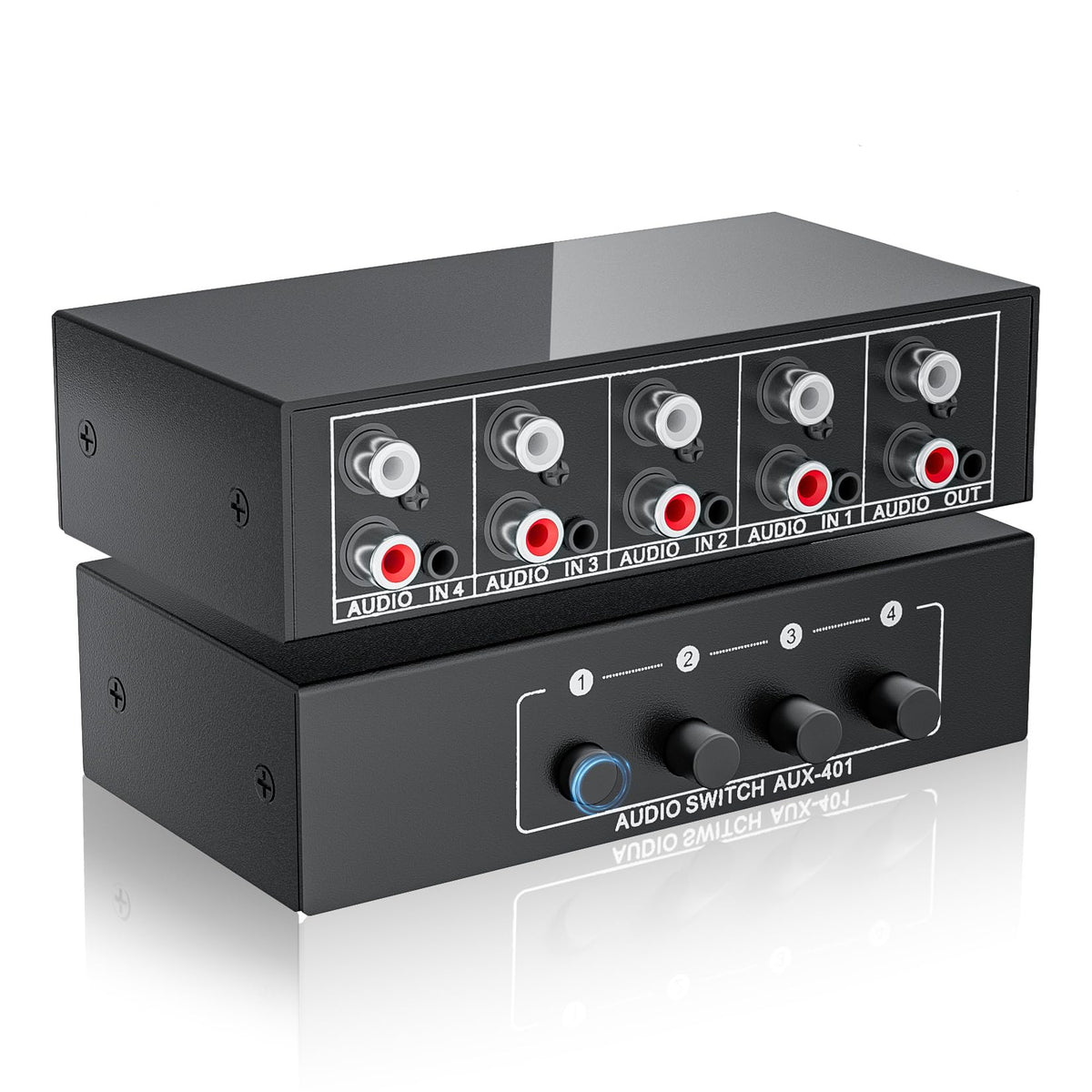 ZORBES® 4-Port Audio Switch Box, 4-in-1 Out RCA & 3.5mm Stereo Audio Selector, Aluminum Passive Audio Switcher for Speakers, Audio Devices & Headphones, 15x10x4.8cm