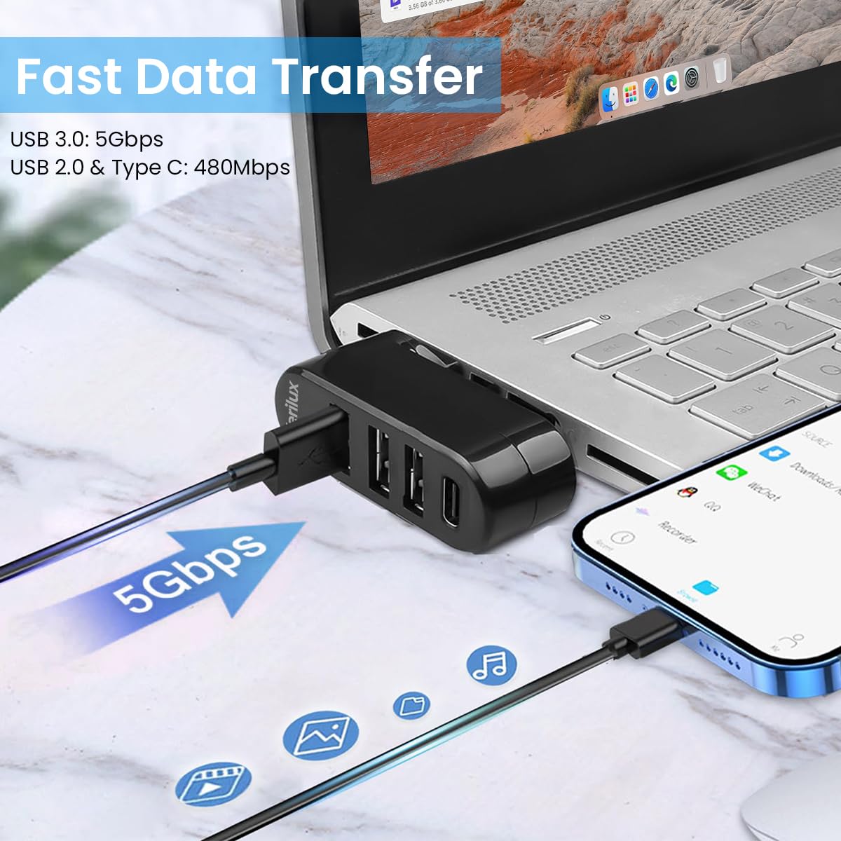 Verilux USB Hub 3.0 for PC and Laptop with 4 in 1 Ports featuring 90° Rotatable Plug Design