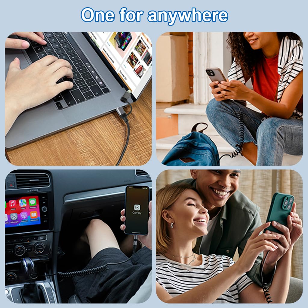 Verilux Type C Charger Cable 4 in 1 4 ft 1.2 m with PD 60 W Fast Charging and Spring Coil Design