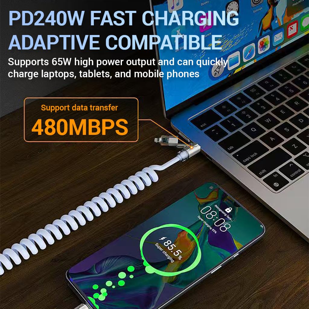 Verilux 4 in 1 Type C Phone Charging Cable with 240W PD | Extendable Spring Cord for Travel