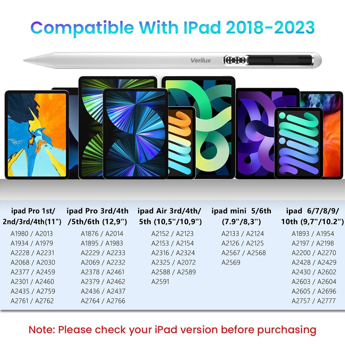 Verilux® Stylus Pen for iPad, USB-C Apple Pencil with LED Power Display, Non-Bluetooth Connection Stylus Pen Compatible with iPad Pro 12.9/11", for iPad Air 5/4/3, for iPad Mini