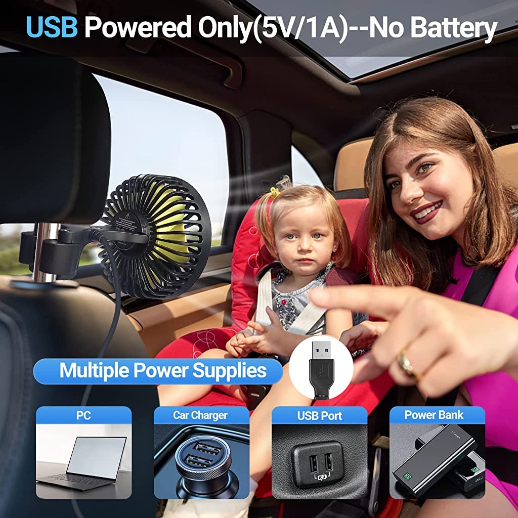 Verilux USB Fan for Car Back Seat with 3 Speed Settings and Rotatable Headrest Mount | Safe for Baby Passengers