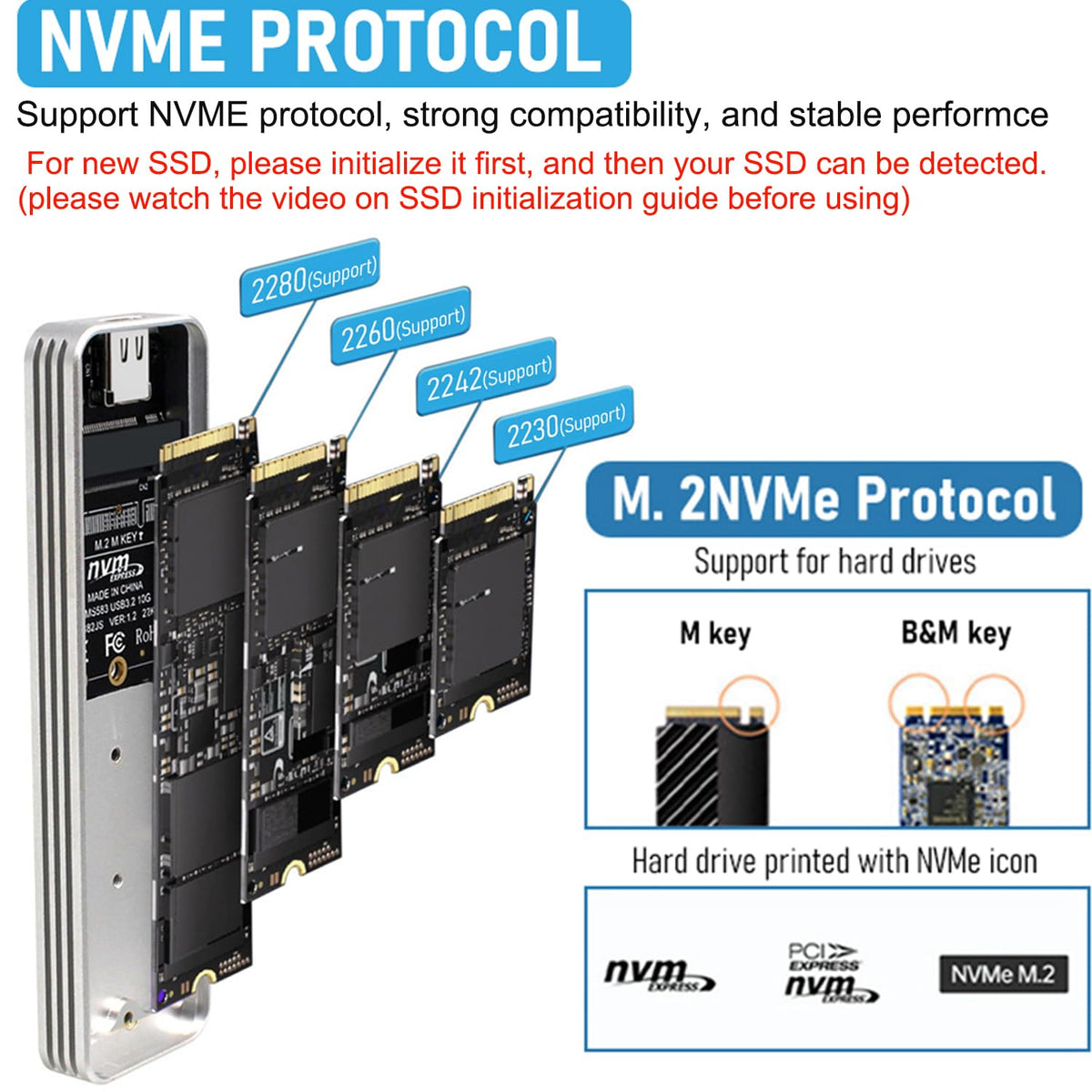 Verilux® M.2 NVMe SSD Enclosure Aluminum NVMe Enclosure 10Gbps USB C External SSD Enclosure NVMe M.2 Enclosure USB 3.1 Gen2 for PCIe M Key B + M Keys Size 2230/2242/2260/2280