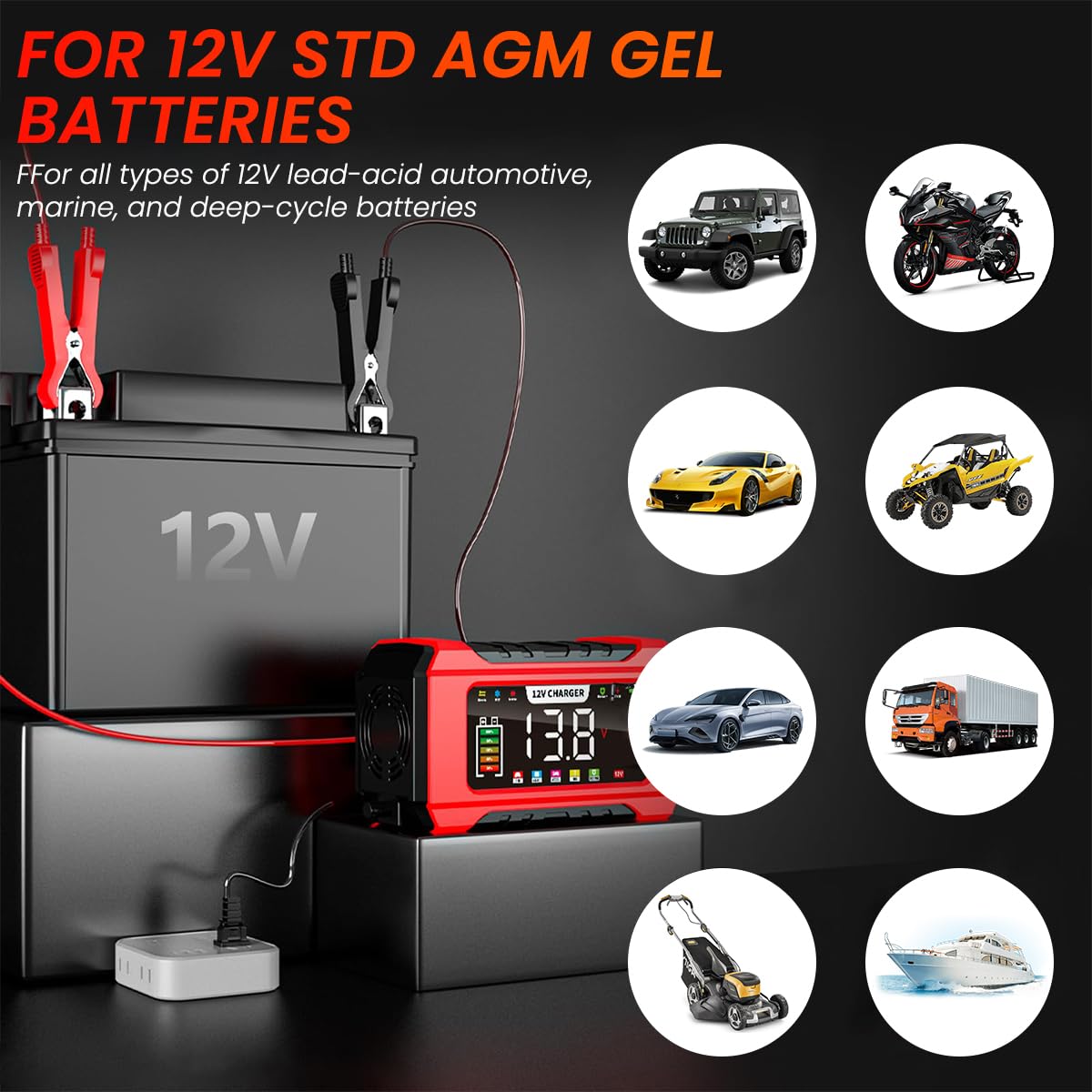 Verilux Car Battery Charger 12V for 2–100Ah Lead Acid Batteries with 9 Stage Auto Charging & LCD Display