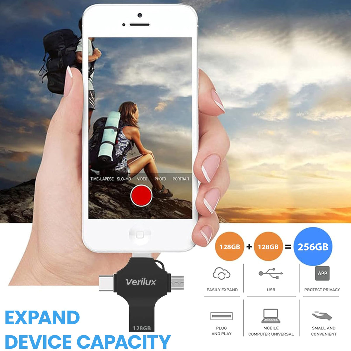 Verilux Pendrive 128GB for iPhone and Android featuring 4 in 1 USB Type C Design | Black