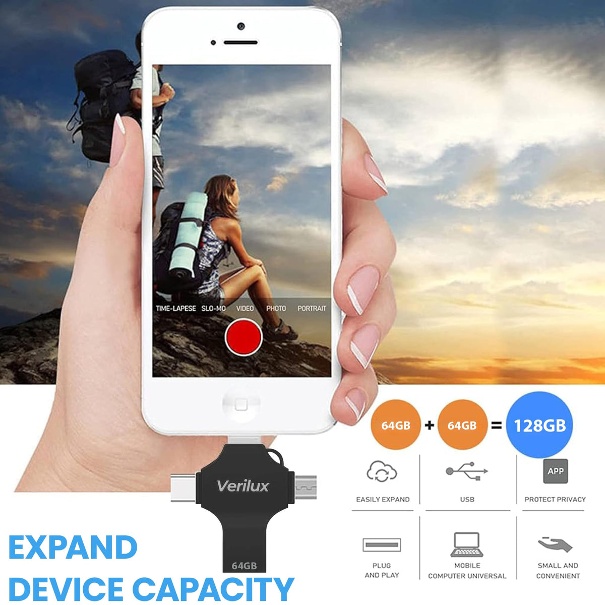 Verilux Pendrive 64GB for iPhone and Android featuring 4 in 1 USB Type C Connector | Black