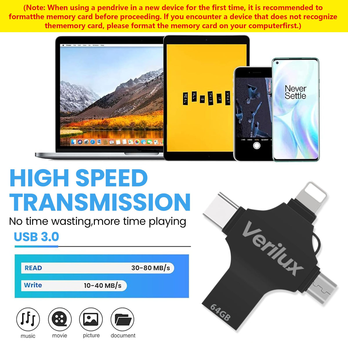 Verilux Pendrive 64GB for iPhone and Android featuring 4 in 1 USB Type C Connector | Black