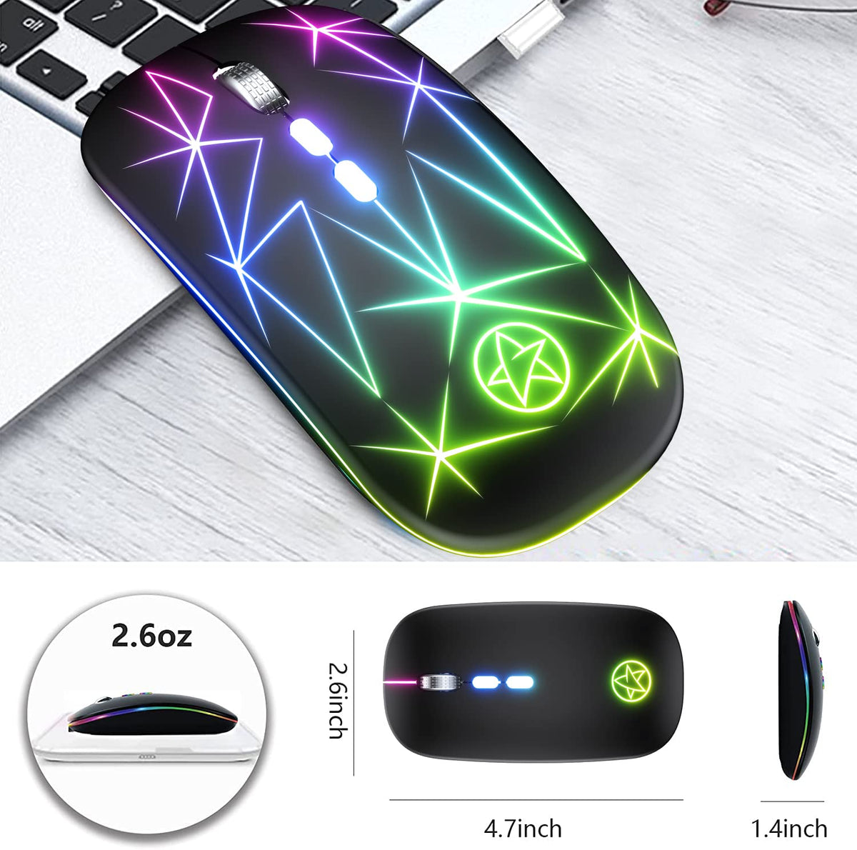 Verilux Wireless Mouse with Adjustable 800 1200 1600 DPI and RGB Backlit LED for Laptop PC