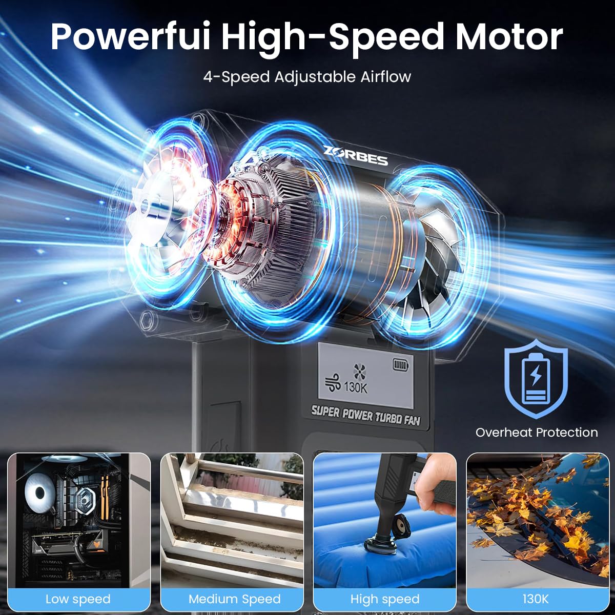 ZORBES® Handheld Air Duster, Mini Blower Fan Turbo Jet Blower with Display, 2 Nozzles Ultra Strong 4 Stage Wind Adjustment, USB LED Portable Air Blower for Car Cleaning Computer Keyboard Travel Hiking