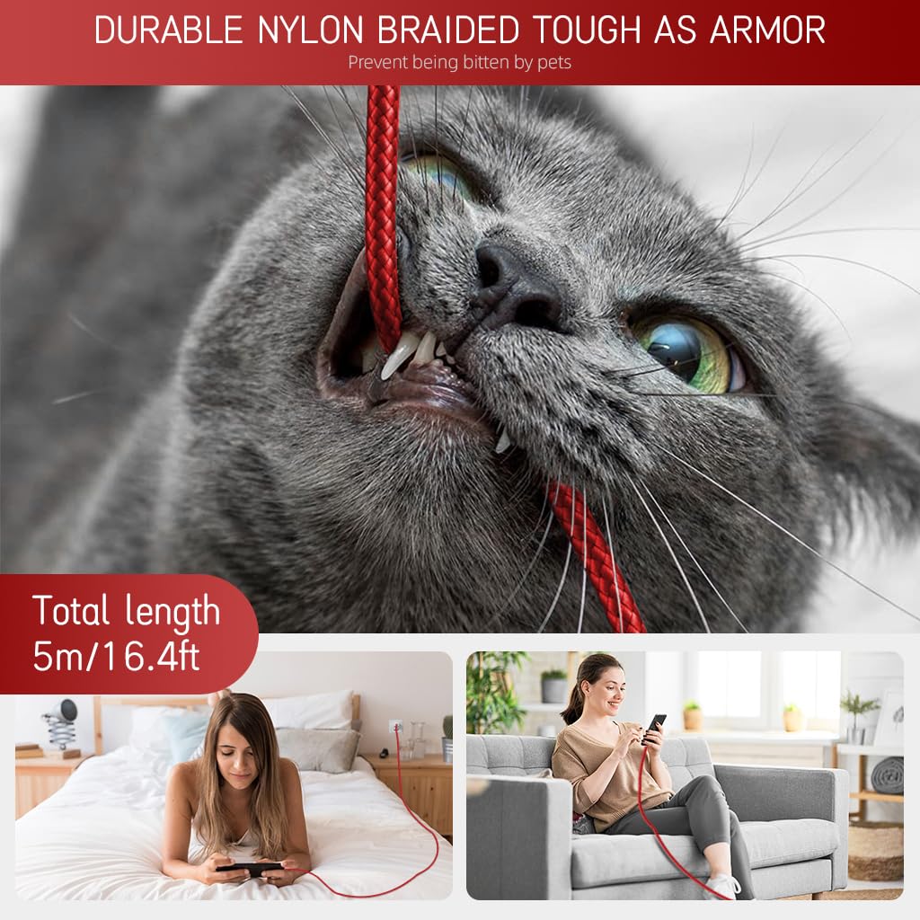 Verilux Type C Charging Cable for iPhone 15 featuring 16.4ft nylon braid and 480Mbps speed | red