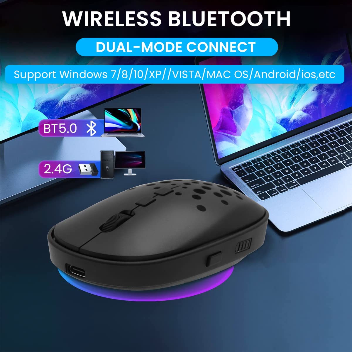 Verilux Wireless Mouse for Laptops with Dual Mode Bluetooth and 2.4Ghz Nano Receiver | Rechargeable Optical Mouse featuring 3 Adjustable DPI and Battery Indicator