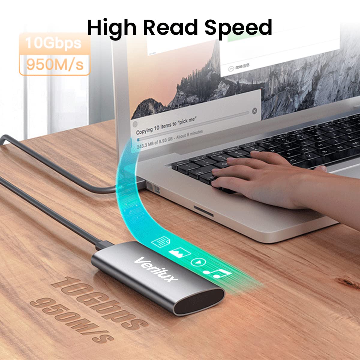 Verilux M.2 NVMe SATA SSD Enclosure SATA to USB HDD Enclosure with 2 in 1 USB Cable Tool-Free USB 3.2 Gen 2 10Gbps NVMe PCI M-Key/B+M Key, Aluminum External SSD Hard Drive Case Complies with UASP