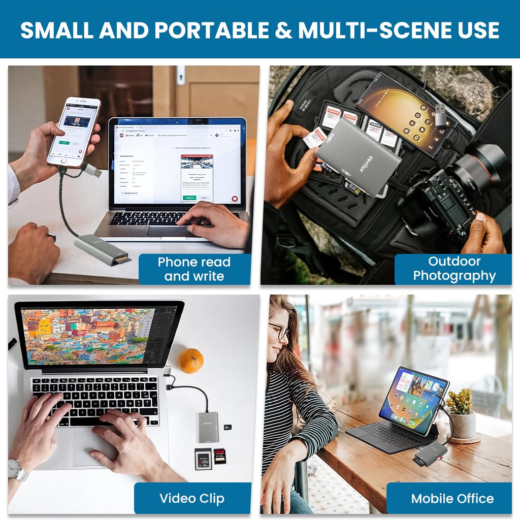 Verilux SD Card Reader for Fast Photo and Video Transfer with Dual USB-C and USB-A | 10Gbps Plug and Play Access for Laptops and Smartphones