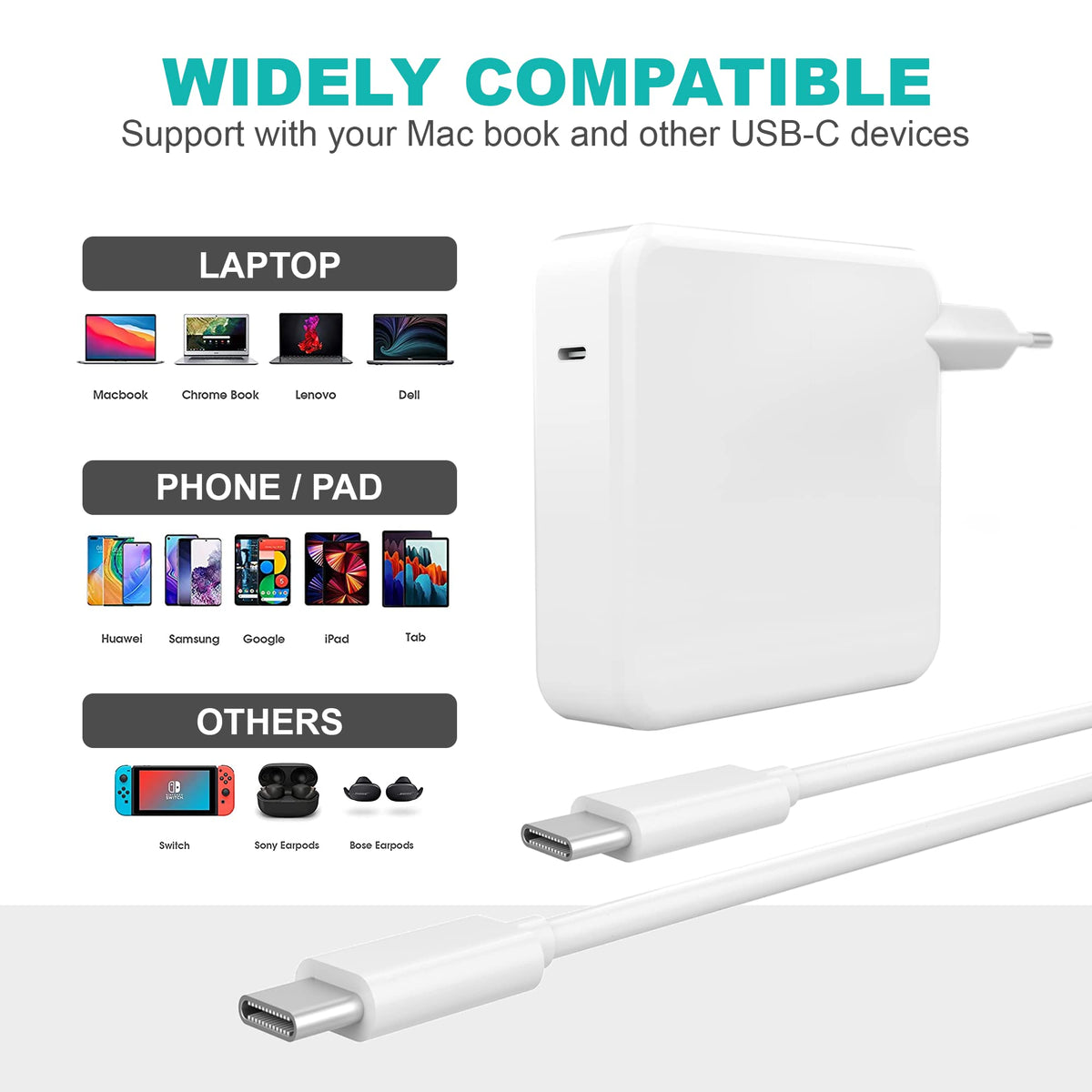 ZORBES® For Macbook Pro Charger, 96W Super Fast Universal USB C Charger, Type C Laptop Charger Adapter Compatible With Macbook Pro(2016-2022) Macbook Air (2018-2022), Macbook, iPad Pro, USB-C Devices