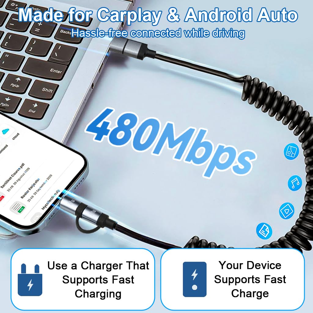 Verilux Type C Charger Cable 4 in 1 4 ft 1.2 m with PD 60 W Fast Charging and Spring Coil Design