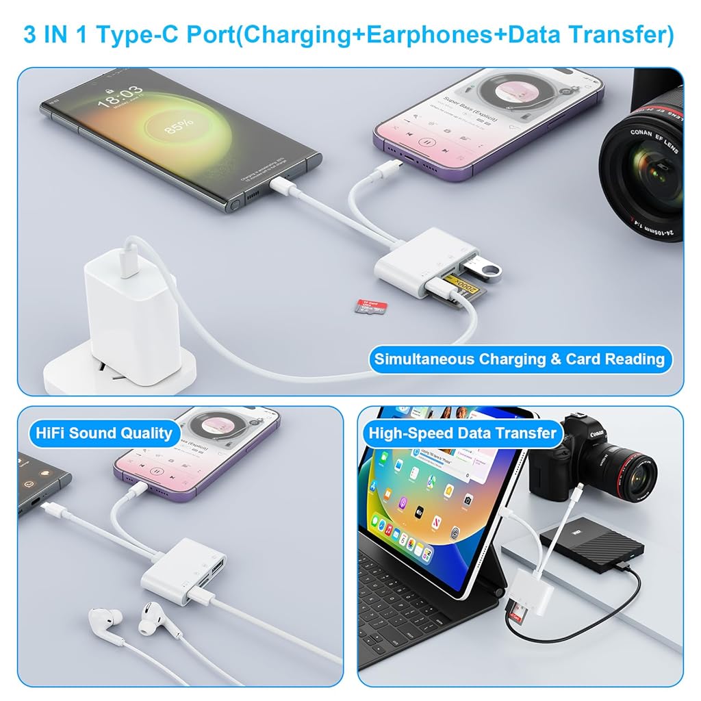 Verilux® Multi Card Reader for iPhone SD Card Reader 4 in 2 SD Card Reader USB C/Light-ning to SD/TF Card Flash Drive Reader Support Fast Charging for iOS Devices Portable Multi Card Reader