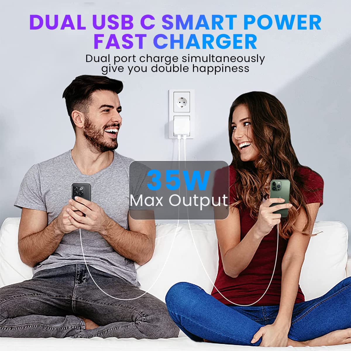 ZORBES® Dual Port 35W Power Adapter Charger Adapter for iPhone 13 iPhone 14 Apple MFi Certified Dual USB C Power Adapter Charger Adapter with USB C to USB C & USB C to Lightning Cable,White