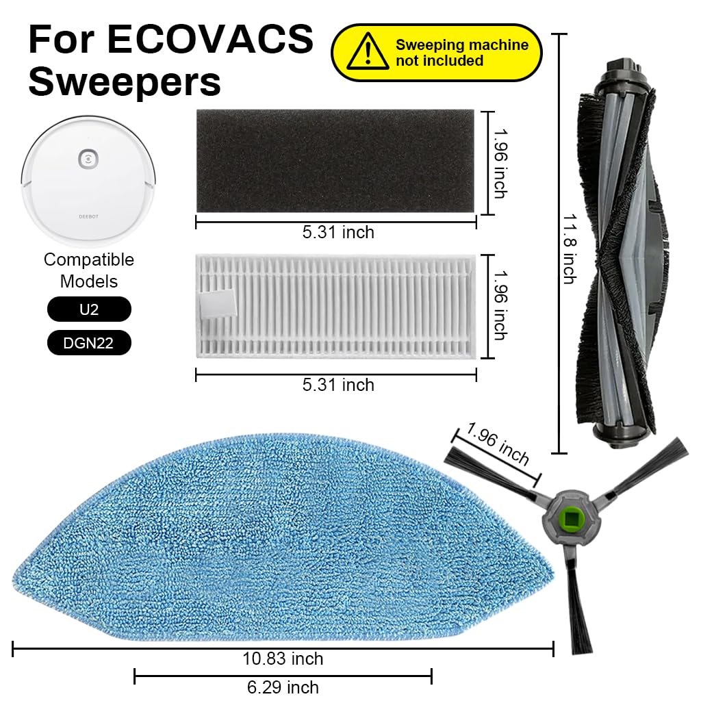 Verilux Replacement Accessories for Ecovacs Deebot U2 Pro with 10 PCS Kit | Includes Main Brush Filters and Mop Cloths