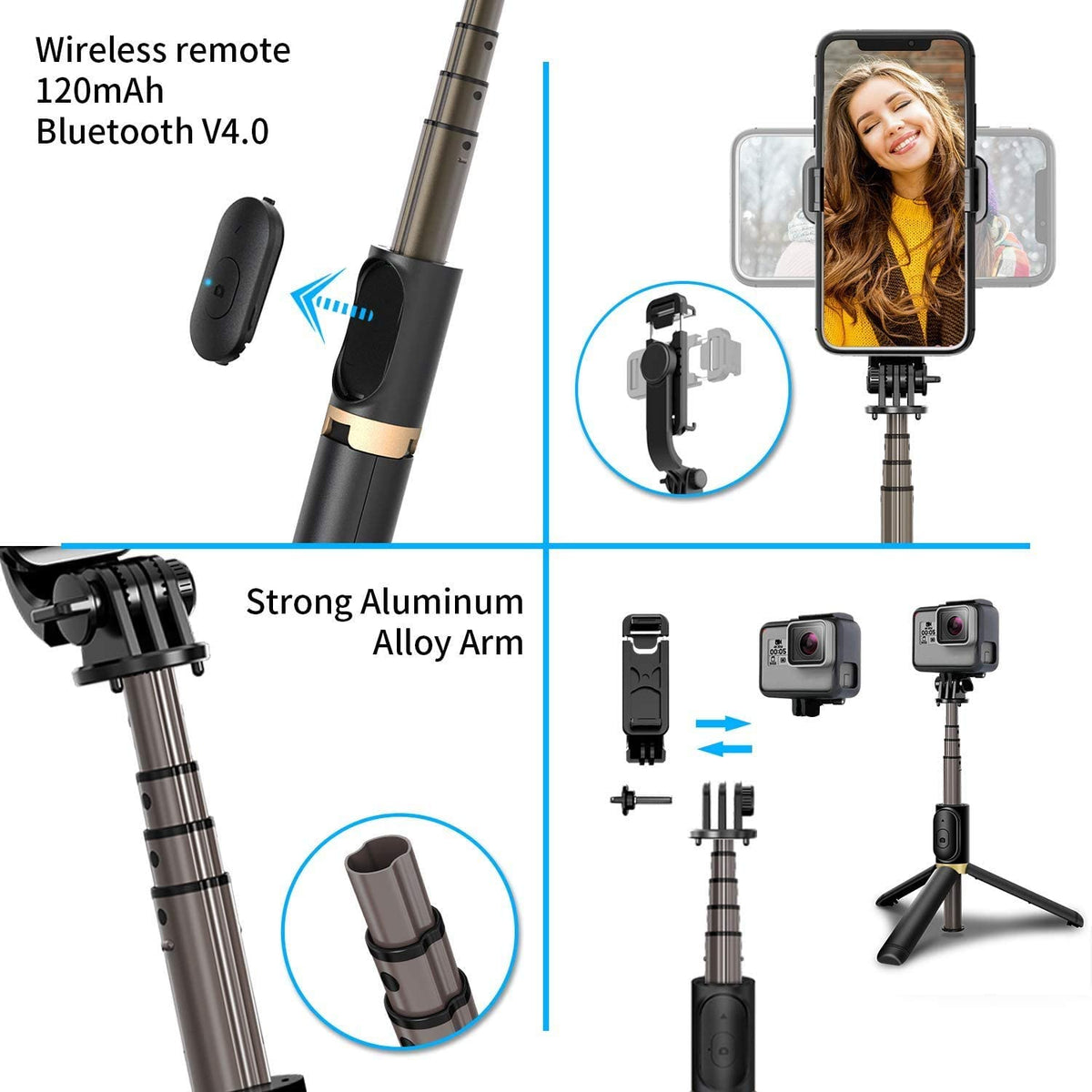Verilux Bluetooth Extendable Selfie Stick with Wireless Remote& Tripod & Detachable Pan-Tilt for Samsung/Oppo/iPhone/Vivo/OnePlus/CameraAll Smart Phones-82cm Long Rotatable