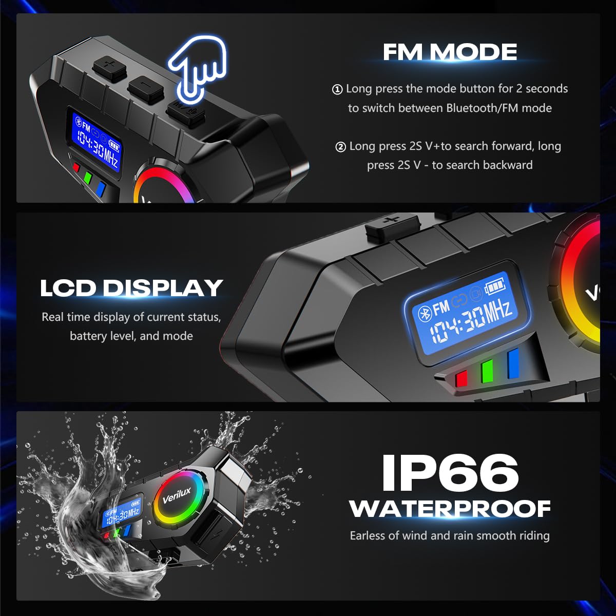 Verilux Bluetooth Helmet Headset for Motorcycles and Outdoor Sports featuring Noise Reduction Mic & LCD Display | IP65 Waterproof with 10 m Range