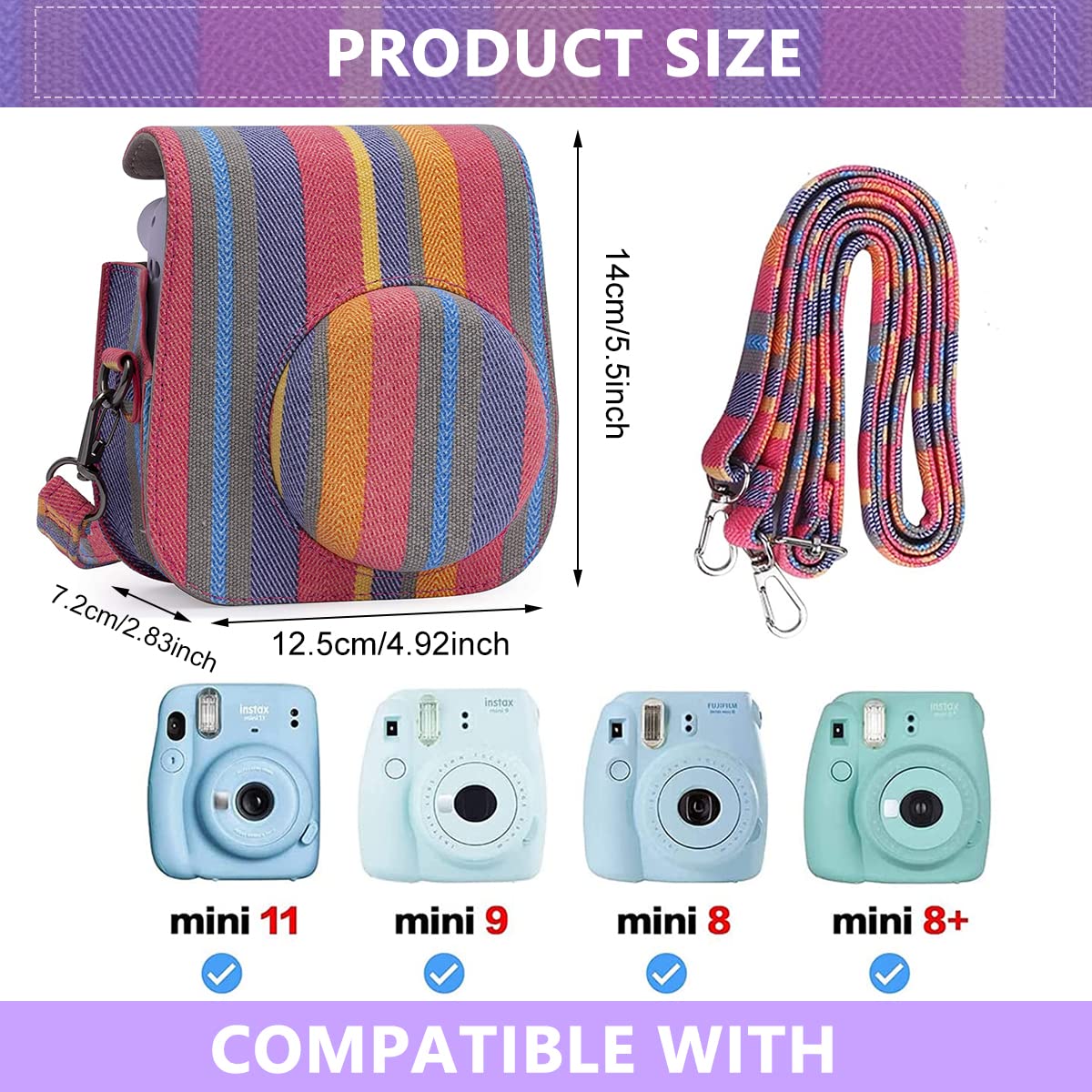ZORBES® Instax Mini 11 Case Cover, Protective Camera Case for Fujifilm Instax Mini 11, Color Striped Easy Install Bag with Removable Shoulder Strap & Top Cover for Intex Camera Mini 11 Mini 8 Mini 9