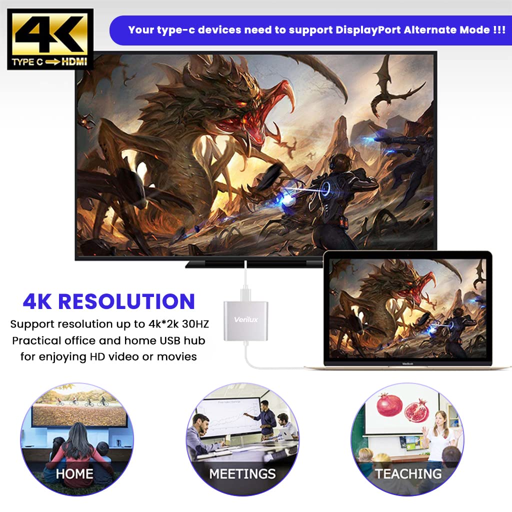 Verilux USB C Adapter with PD Port and 4k@30Hz HDMI for MacBook Air Pro and M1 MacBook