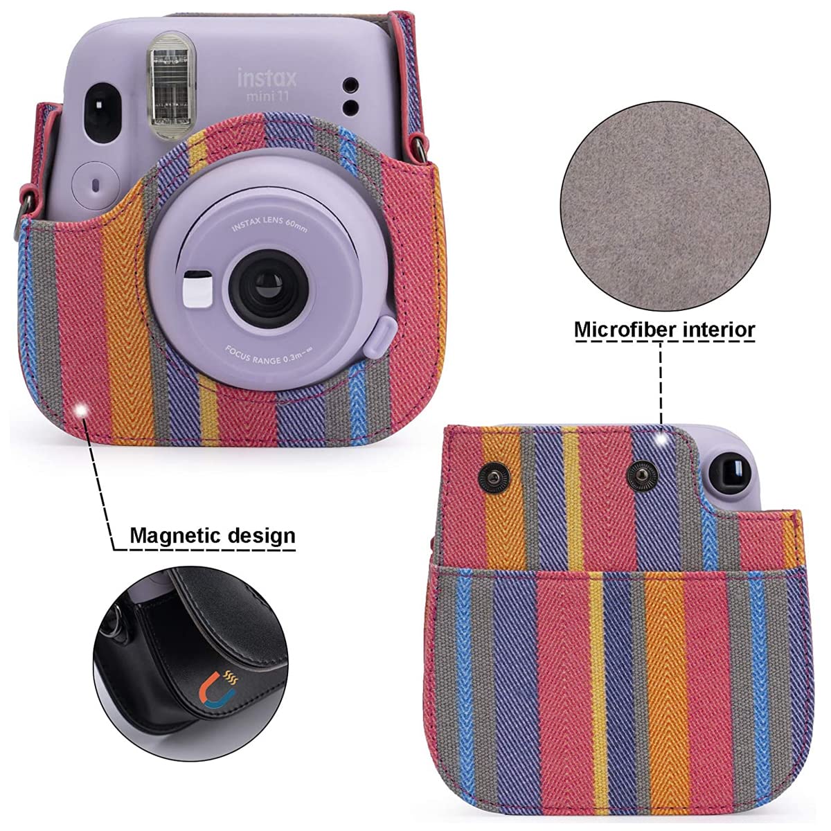 ZORBES® Instax Mini 11 Case Cover, Protective Camera Case for Fujifilm Instax Mini 11, Color Striped Easy Install Bag with Removable Shoulder Strap & Top Cover for Intex Camera Mini 11 Mini 8 Mini 9