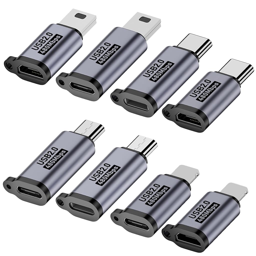 Verilux® 8Pcs USB 2.0 Adapters Universal Micro USB to TYPE C / Light-ning, Light-ning to USB C /Micro US, TYPE C to Micro USB/Light-ning, Mini USB to USB C/Micro USB, Support 480Mbps Data Transmission