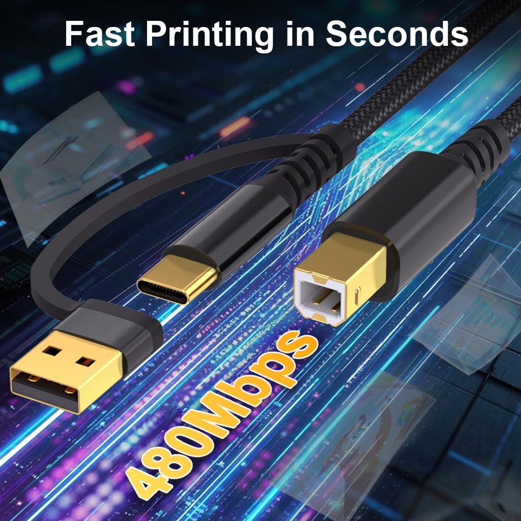 Verilux USB Printer Cable for HP Canon Epson with 6.6ft Length and Dual USB C & Type A | 480Mbps Data Transfer