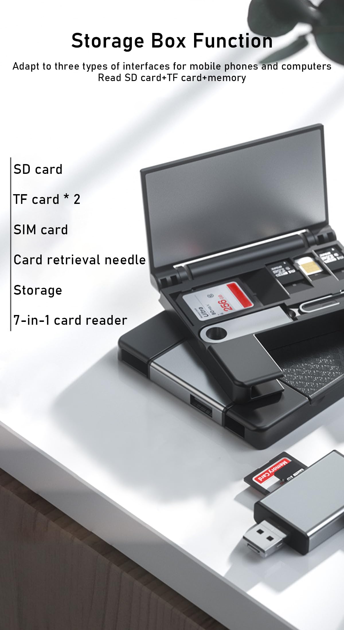 ZORBES® Card Reader for iPhone OTG SD Card Reader Support USB A, USB C, Micro USB & Light-ing Interface Multifunctional Card Reader & Card Storage Box for TF/SD Card, SIM Card, Card Pin Storage