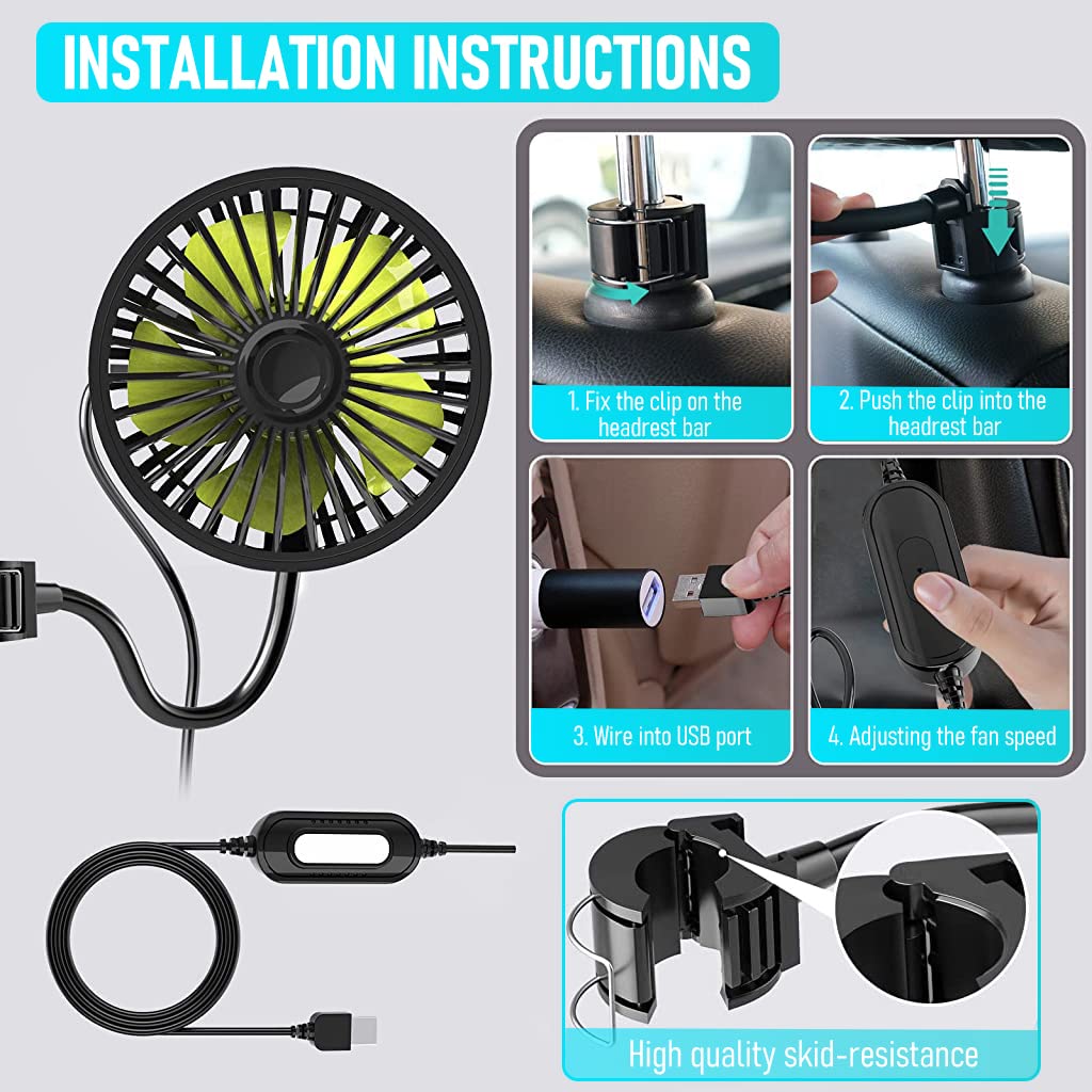 Verilux USB Fan for Car Back Seat with 3 Speed Flexible Arm Controller | 5V Plug and Play 2PCS