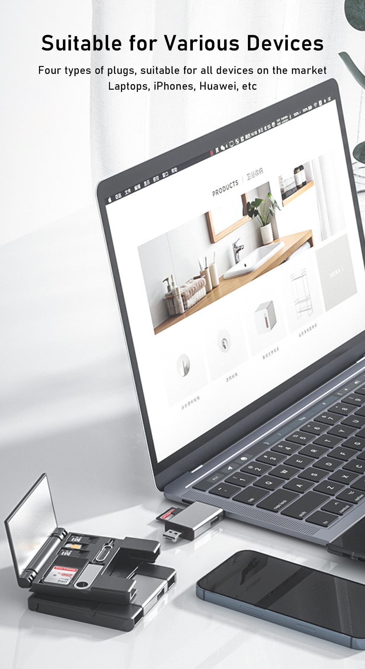 ZORBES® Card Reader for iPhone OTG SD Card Reader Support USB A, USB C, Micro USB & Light-ing Interface Multifunctional Card Reader & Card Storage Box for TF/SD Card, SIM Card, Card Pin Storage