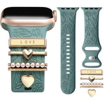 ZORBES® Compatible with iWatch 38mm 40mm 41mm, Floral Engraved Silicone Watch Band, Green Soft Silicone Strap with Romantic Gold Charms Set Adjustable Replacement Wristband