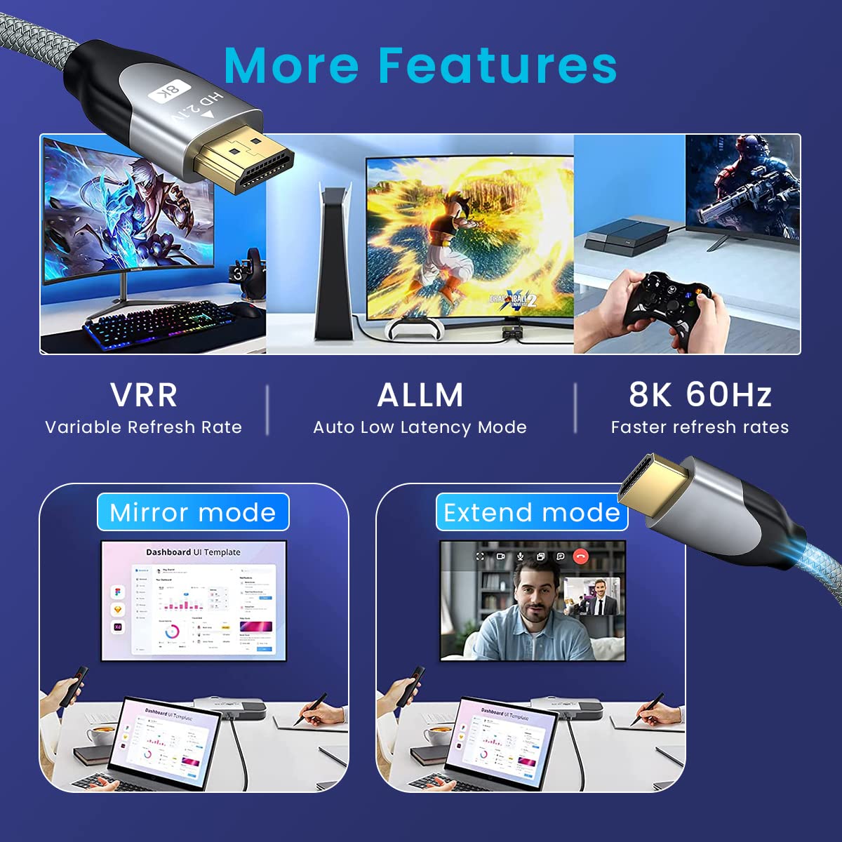 Verilux HDMI 2.1 Cable for Gaming and 8K Streaming 6.6 ft with 48Gbps Speed | Braided Nylon and 24K Gold-Plated Connectors