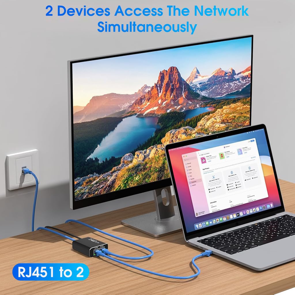 Verilux® Ethernet Splitter USB C Powered 1000Mbps 1 to 2 Ethernet Splitter Ethernet Network Splitter Portable Gigabit Ethernet Splitter for Home, Office, Travel