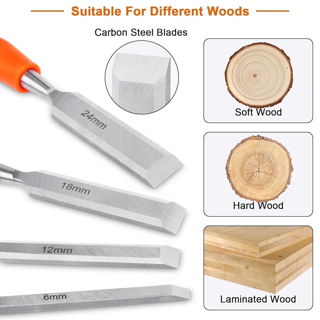 Serplex® 4PCS Woodwork Chisel Set Mortise Chisels Tools for Woodworking with Steel Hammer End Anti-slip Handle 6mm 12mm 18mm 24mm