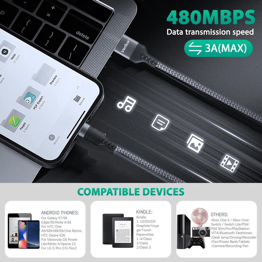 Verilux USB A to Micro USB Cable for Android Devices with 16.4ft Length and Braided Nylon | 5V/2A Fast Charging and 480Mbps Data Sync