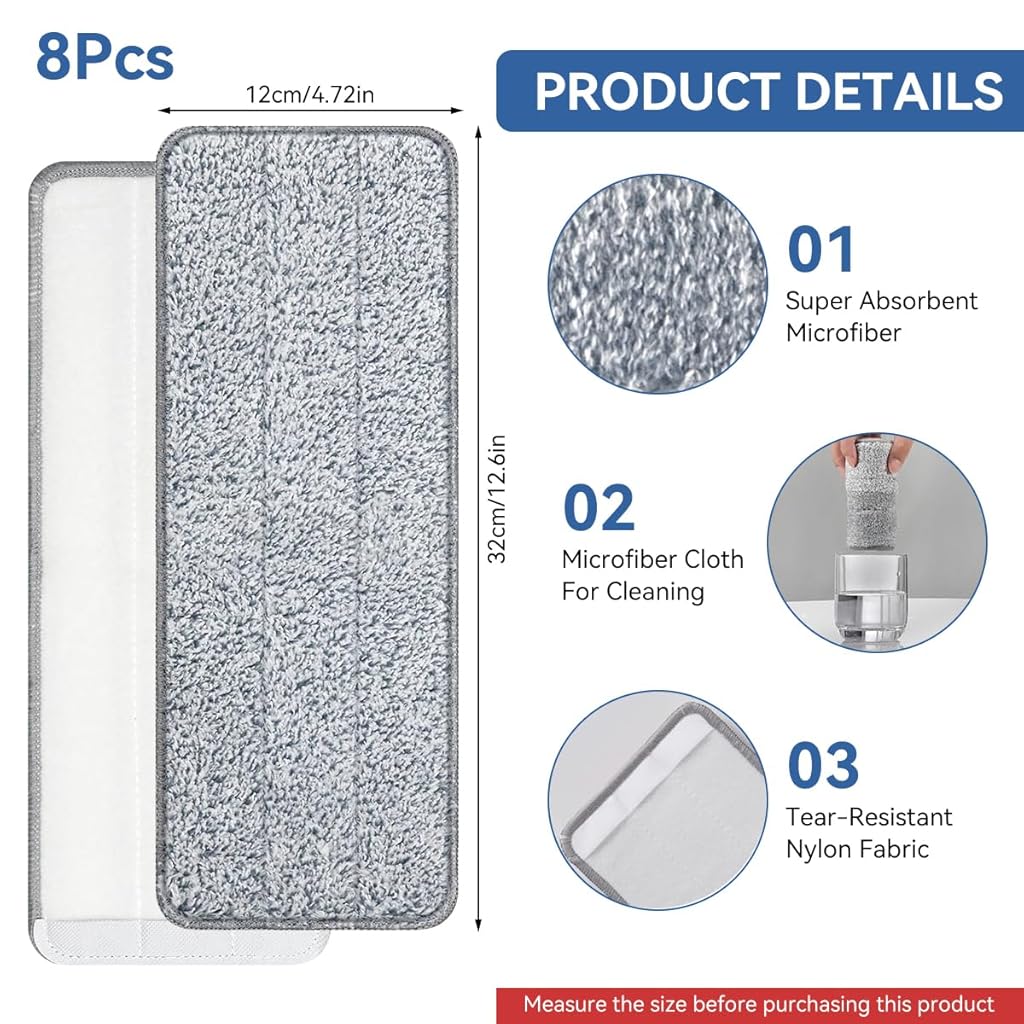 Verilux® 8Pcs Replacement Mop Pads for Floor Flat Mops 12.99''x 4.72'' Wet & Dry Use Stick-on Microfiber Mop Pads Washable Mop Pads Universal Replacement Mop Pads