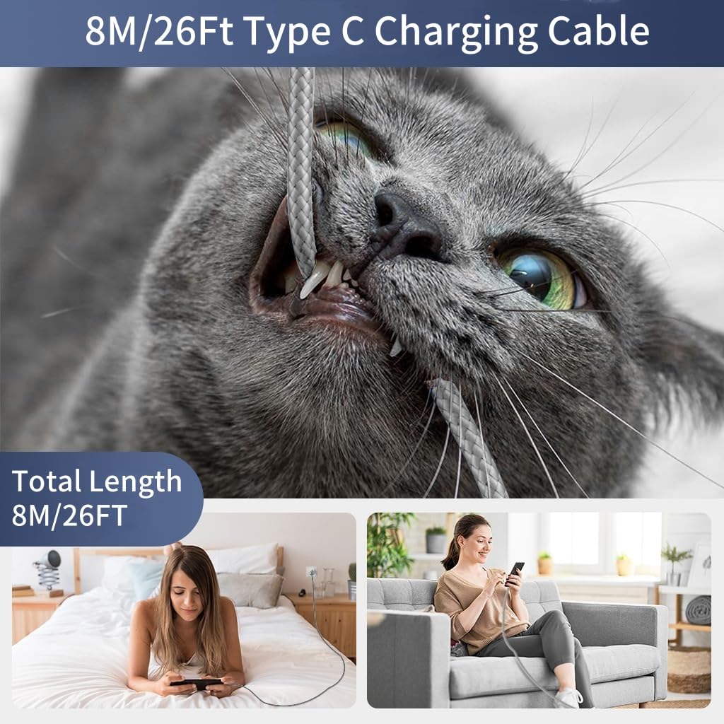 Verilux Type C Cable 8m 26ft for iPhone 17 and Galaxy S25 featuring Nylon Braid & Metal Connectors