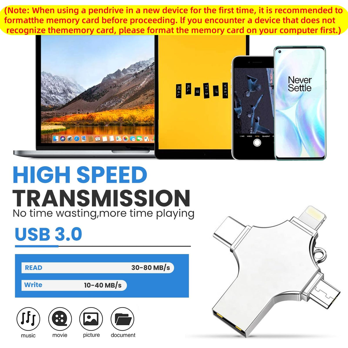 Verilux Flash Drive 64GB for iPhone and Android featuring 4 in 1 USB Connectors | Metal Body