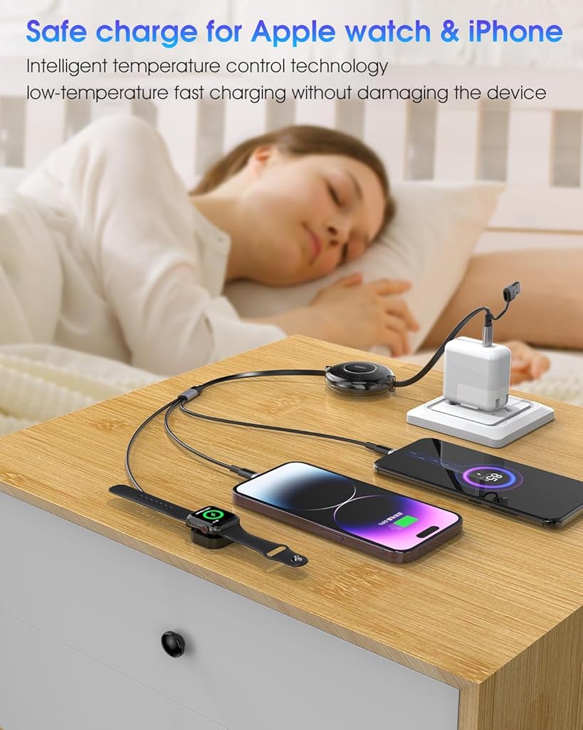 Verilux® 6 in 1 USB C Charging Cable Retractable USB C Charging Cable with Apple Watch Wireless Charger Support Max 100W PD Fast Charging Compatible with iPhone 15/14/13, Samsung, Apple Watch