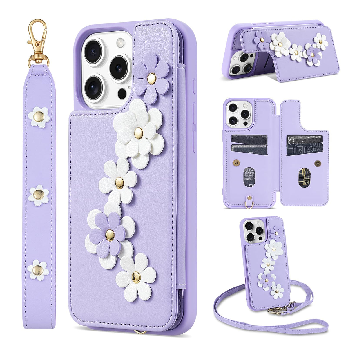 ZORBES® for 16 Pro Max Case, Wallet with Card Holder, Cute Flower Design Crossbody Phone Purse for Women, PU Leather Kickstand Shockproof Cover with Wrist Strap Phone Case 6.9