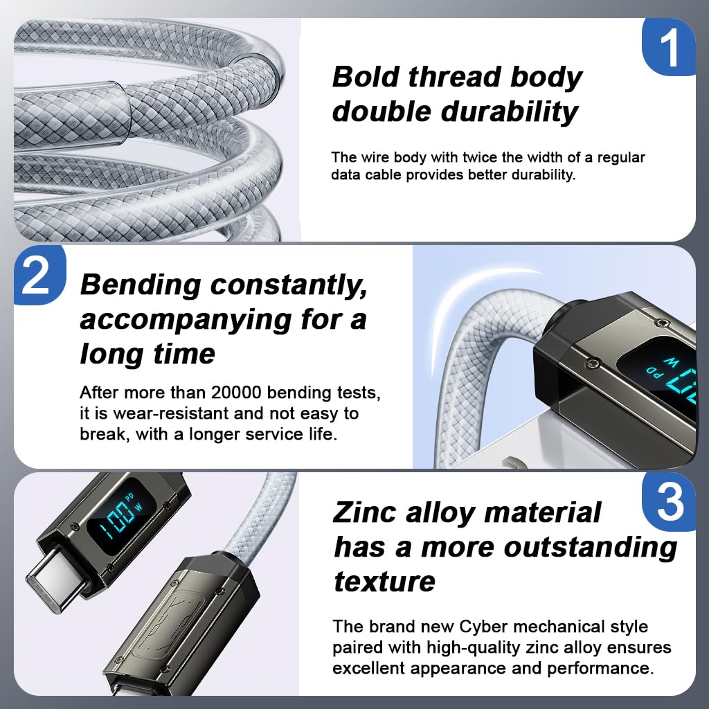 Verilux Type C Charging Cable for iPhone 15 with 240W PD and LCD Display | 6.6ft Data Sync